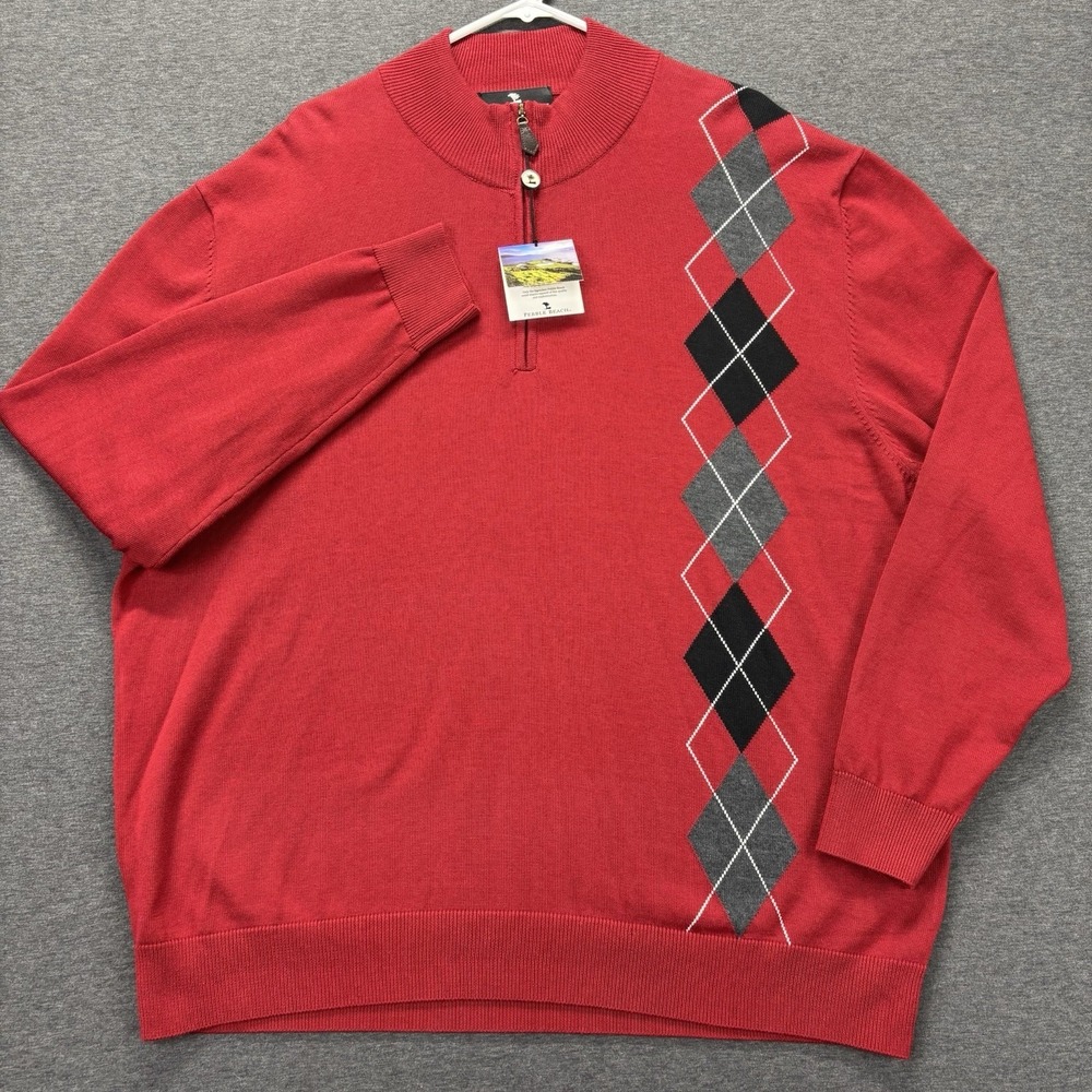 Pebble Beach Performance Sweater Mens 2XL Quarter Zip Pullover Argyle Red NEW